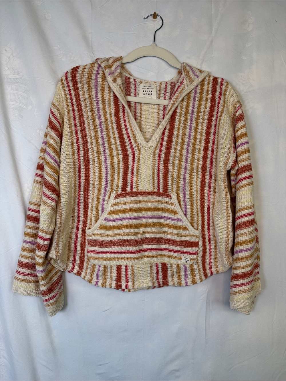 Billabong Cream Knit Hoodie with Red & Gold Stripes